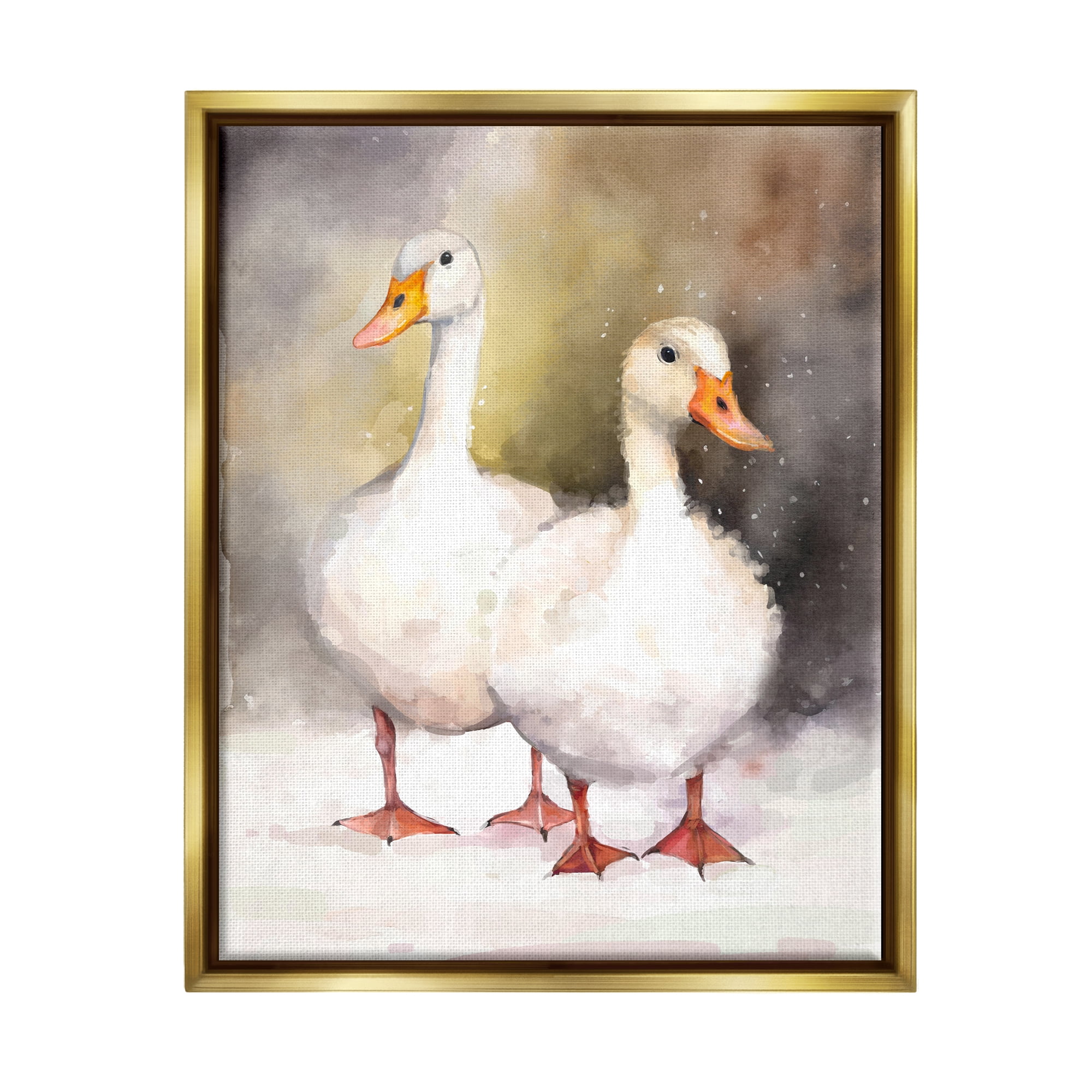 Stupell Industries Two White Ducks in Snow Animals & Insects Painting Gold Floater Framed Canvas Art Print Wall Art, 17 x 21