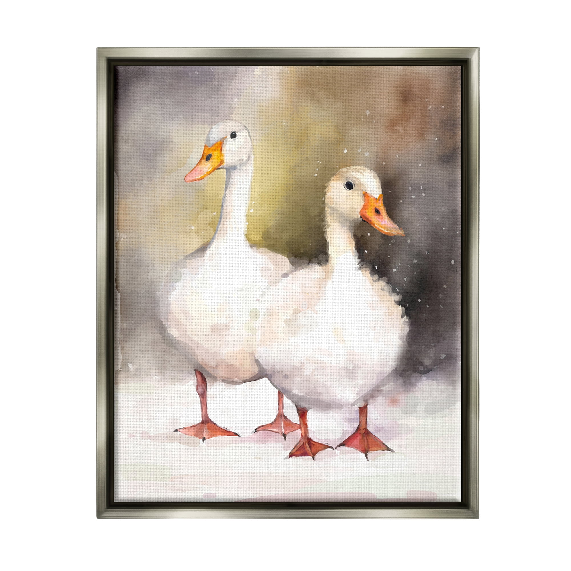 Stupell Industries Two White Ducks in Snow Animals & Insects Painting Gray Floater Framed Canvas Art Print Wall Art, 25 x 31