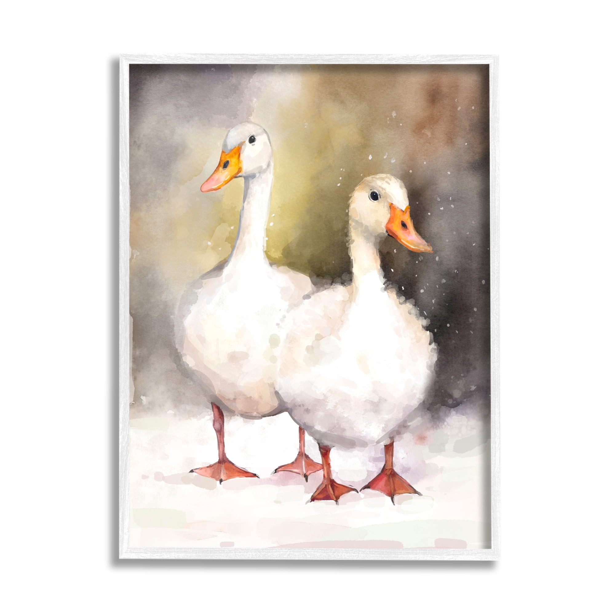 Stupell Industries Two White Ducks in Snow Animals & Insects Painting White Framed Art Print Wall Art, 24 x 30