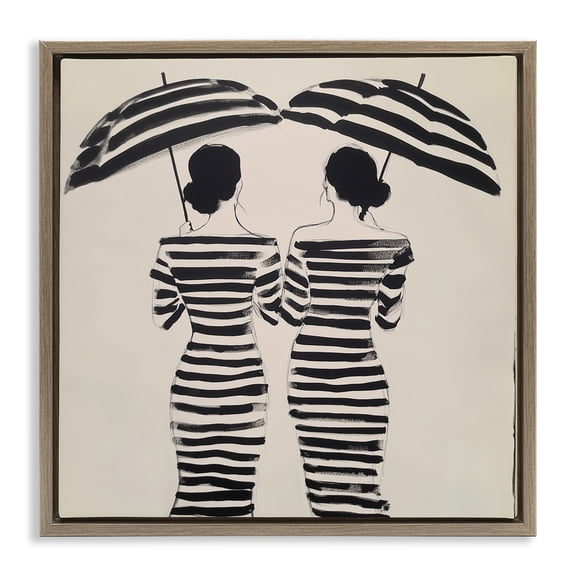 Stupell Industries Two Women in Rain Stripes Brown Framed Floater Canvas Wall Art design by Annabelle Hall, 18 x 18