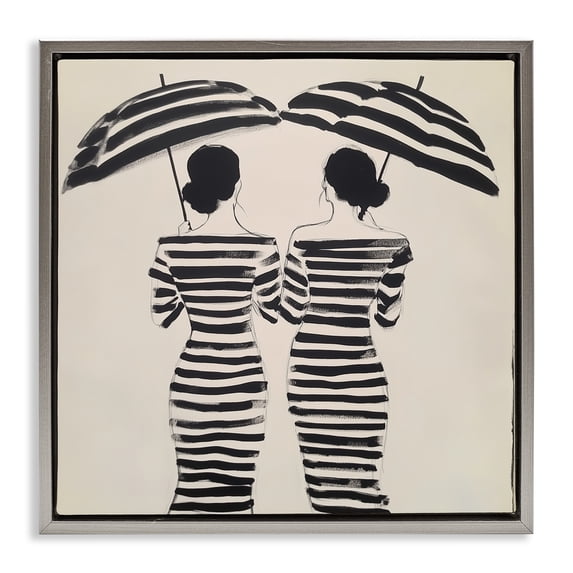 Stupell Industries Two Women in Rain Stripes Gray Framed Floater Canvas Wall Art design by Annabelle Hall, 25 x 25