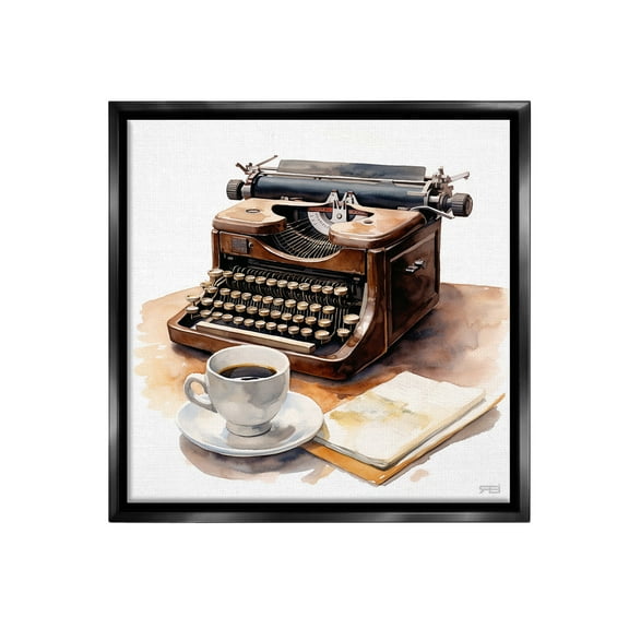 Stupell Industries Typewriter with Coffee Mug Food & Beverage Painting Black Floater Framed Canvas Art Print Wall Art, 18 x 18