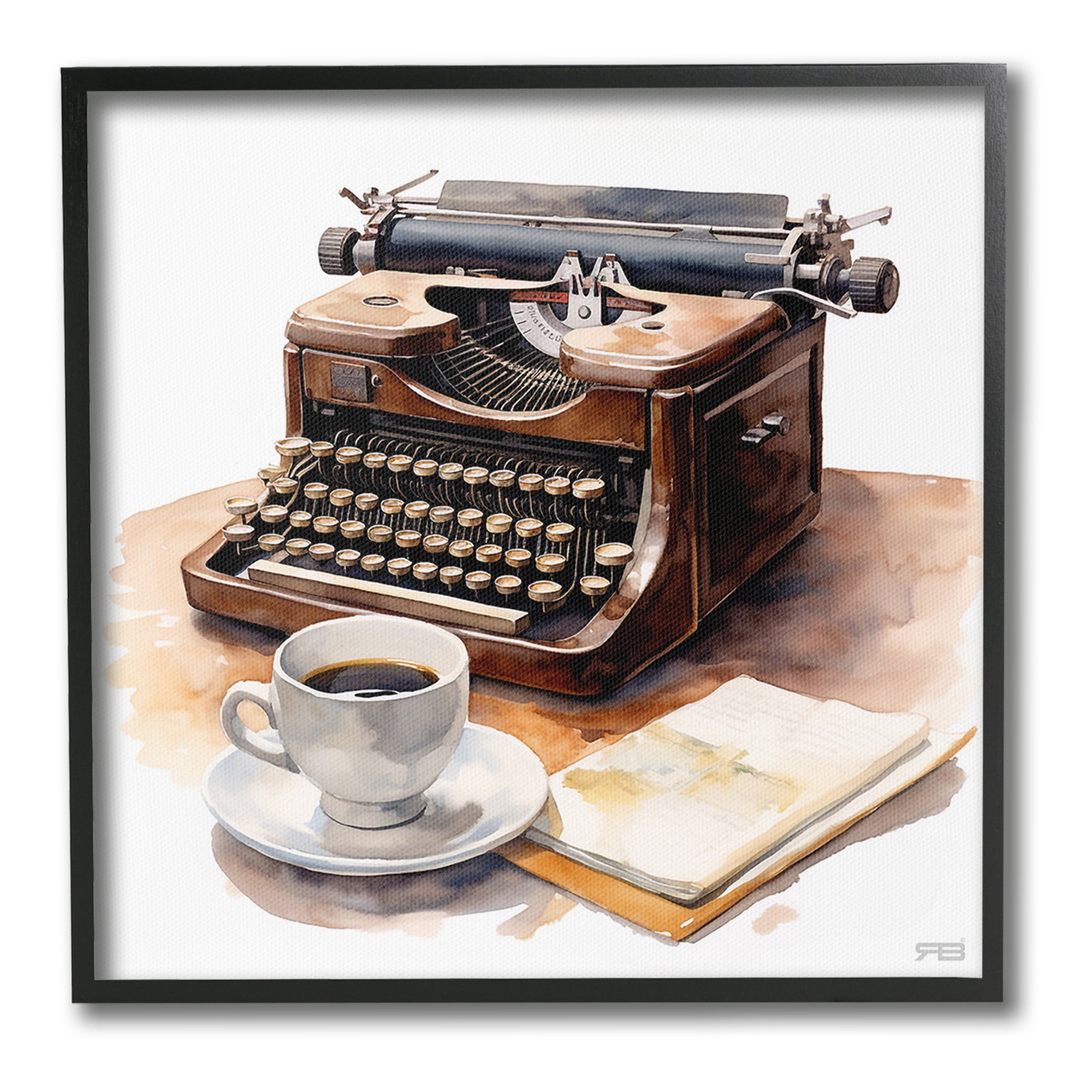 Stupell Industries Typewriter with Coffee Mug Food & Beverage Painting Black Framed Art Print Wall Art, 12 x 12