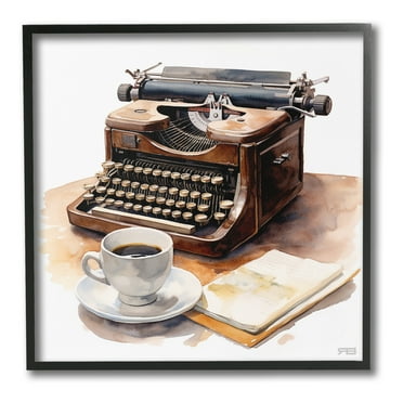 Stupell Industries Typewriter with Coffee Mug Food & Beverage Painting Black Framed Art Print Wall Art, 12 x 12