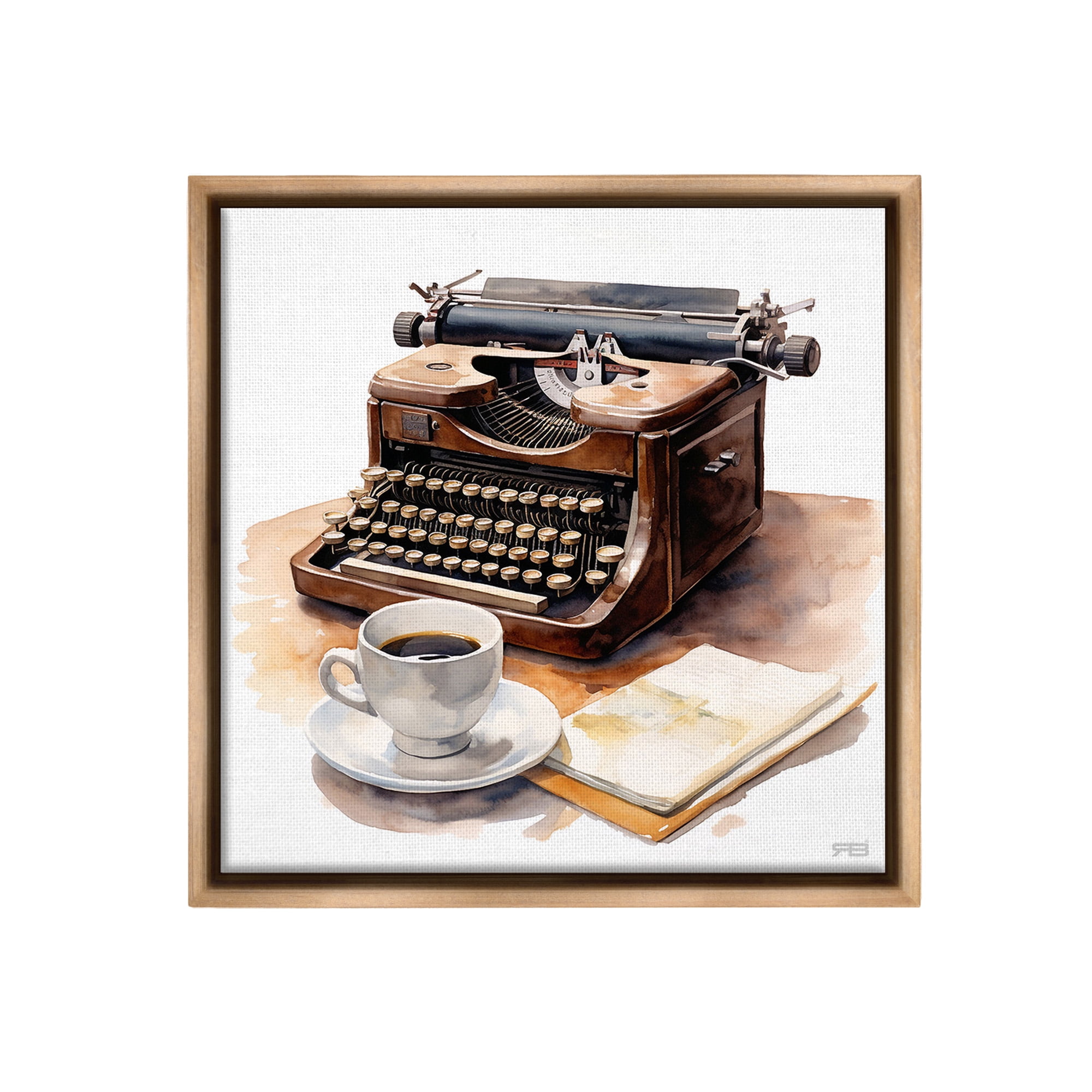 Stupell Industries Typewriter with Coffee Mug Food & Beverage Painting Brown Floater Framed Canvas Art Print Wall Art, 25 x 25