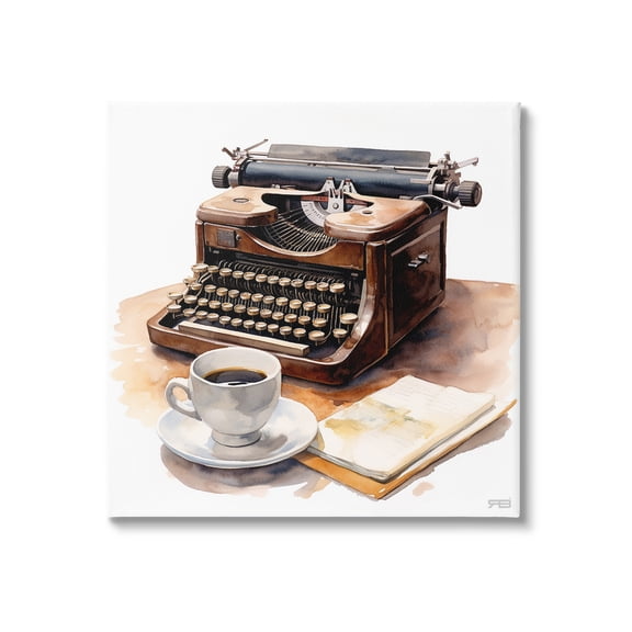Stupell Industries Typewriter with Coffee Mug Food & Beverage Painting Gallery Wrapped Canvas Art Print Wall Art, 17 x 17
