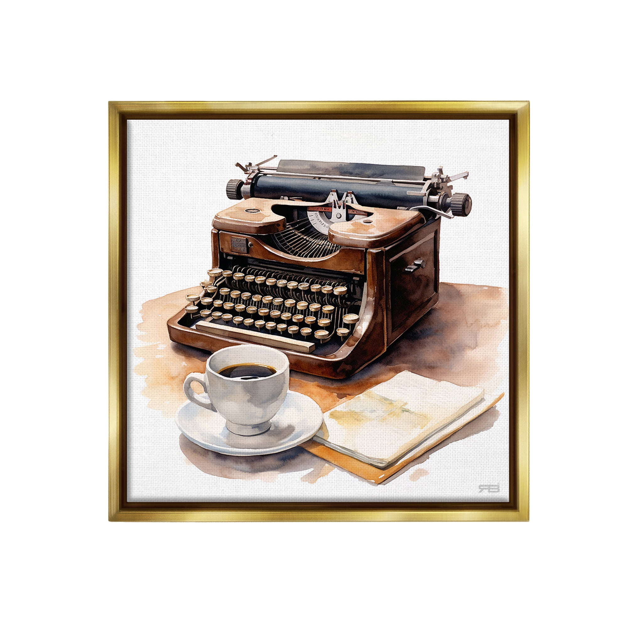Stupell Industries Typewriter with Coffee Mug Food & Beverage Painting Gold Floater Framed Canvas Art Print Wall Art, 25 x 25