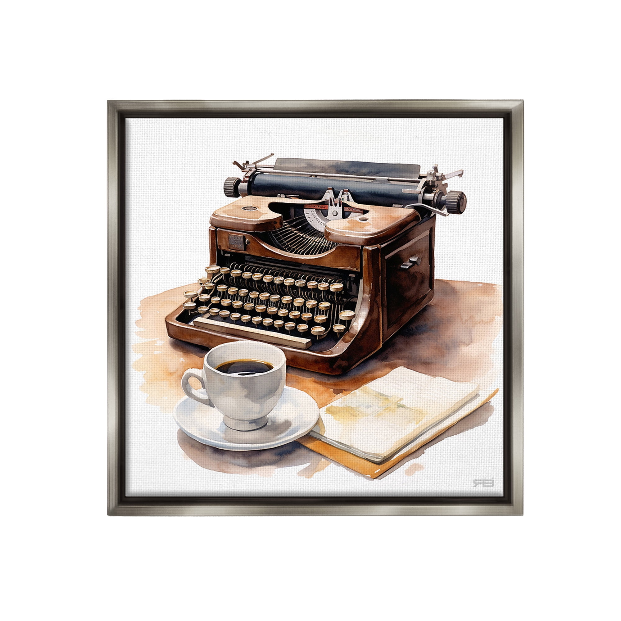 Stupell Industries Typewriter with Coffee Mug Food & Beverage Painting Gray Floater Framed Canvas Art Print Wall Art, 25 x 25