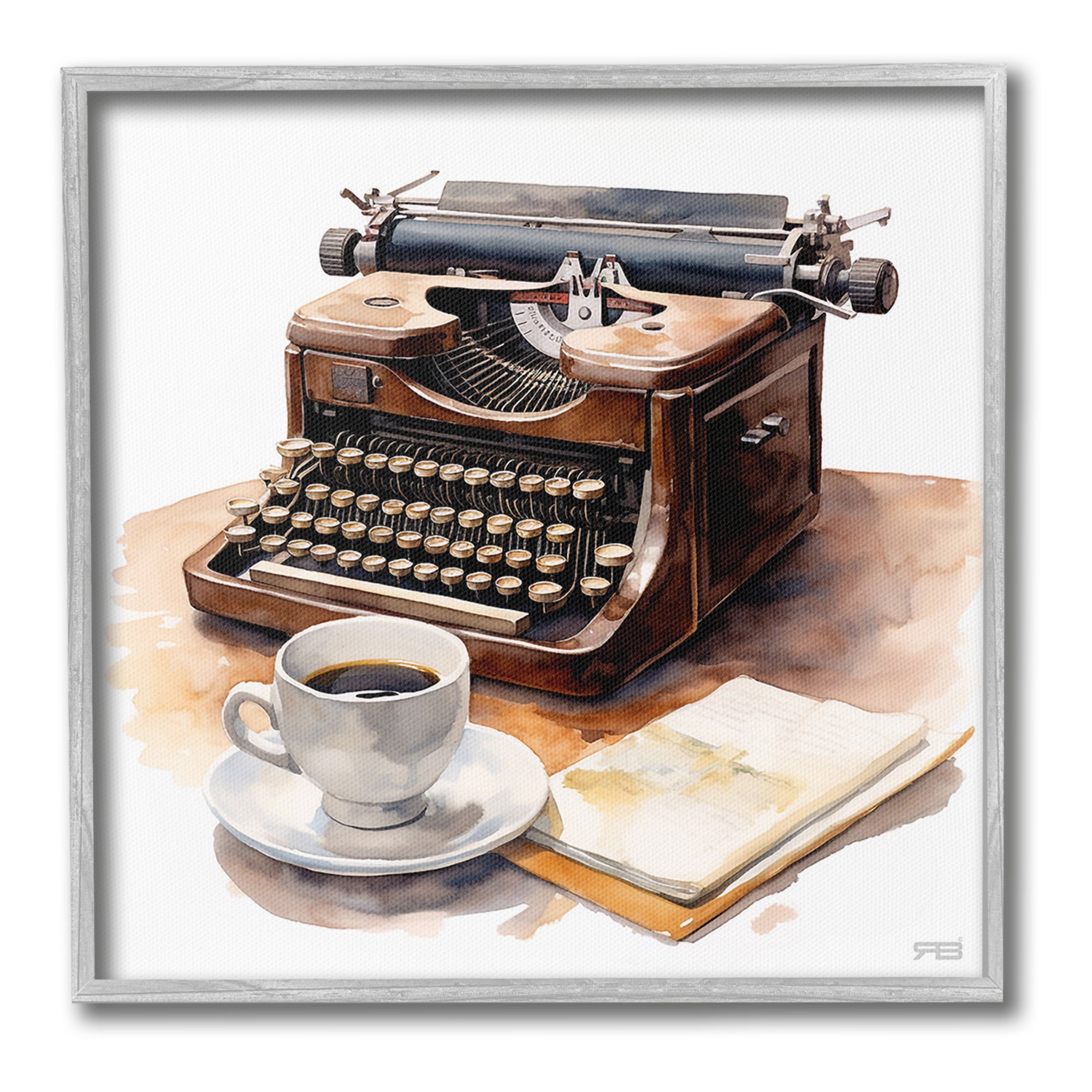 Stupell Industries Typewriter with Coffee Mug Food & Beverage Painting Gray Framed Art Print Wall Art, 12 x 12