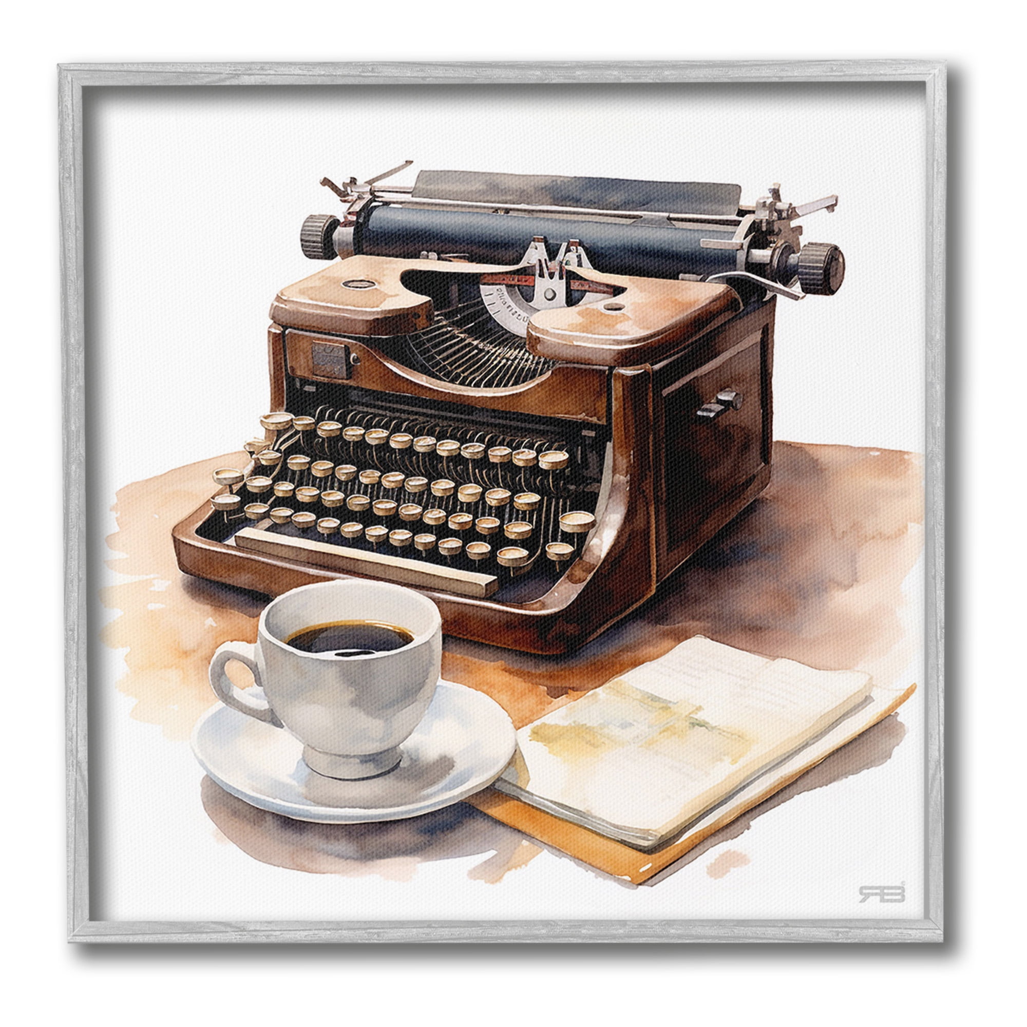 Stupell Industries Typewriter with Coffee Mug Food & Beverage Painting Gray Framed Art Print Wall Art, 24 x 24