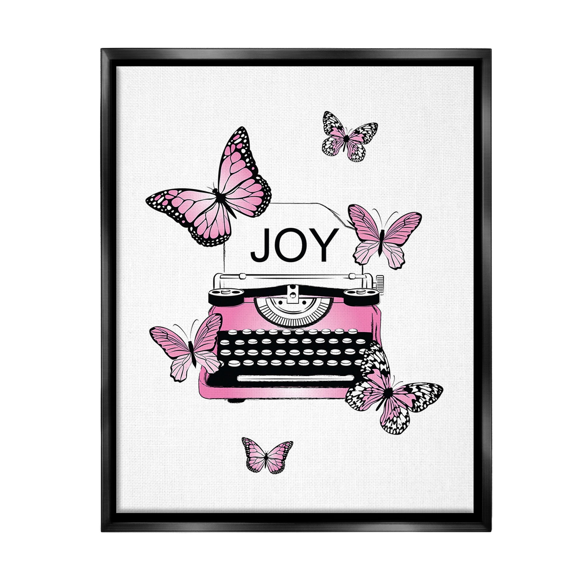 Stupell Industries Typewriter with Joy Animals & Insects Painting Black Floater Framed Canvas Art Print Wall Art, 17 x 21