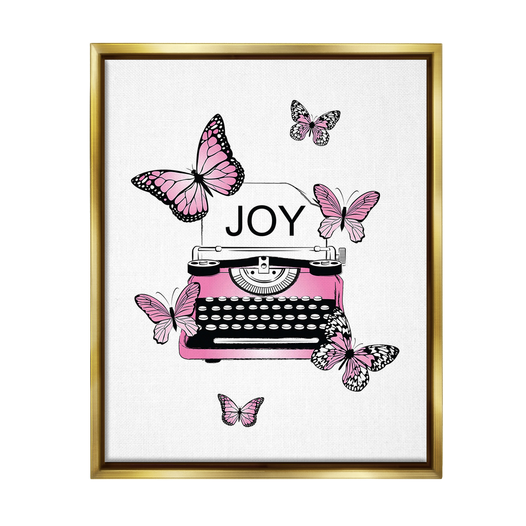 Stupell Industries Typewriter with Joy Animals & Insects Painting Gold Floater Framed Canvas Art Print Wall Art, 17 x 21