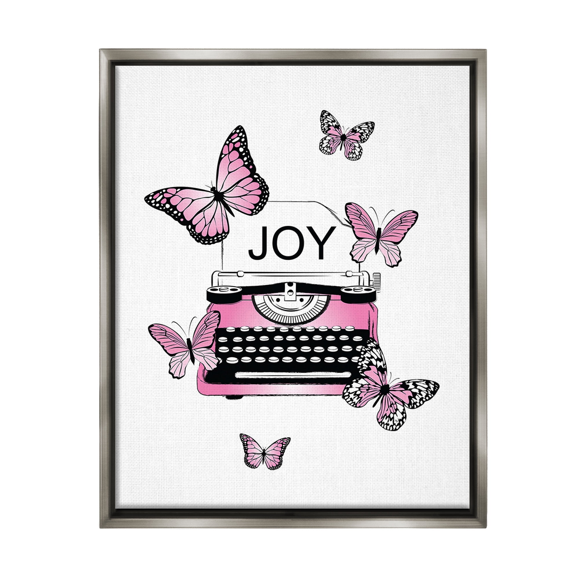 Stupell Industries Typewriter with Joy Animals & Insects Painting Gray Floater Framed Canvas Art Print Wall Art, 17 x 21