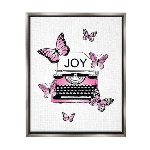 Stupell Industries Typewriter with Joy Animals & Insects Painting Gray Floater Framed Canvas Art Print Wall Art, 17 x 21