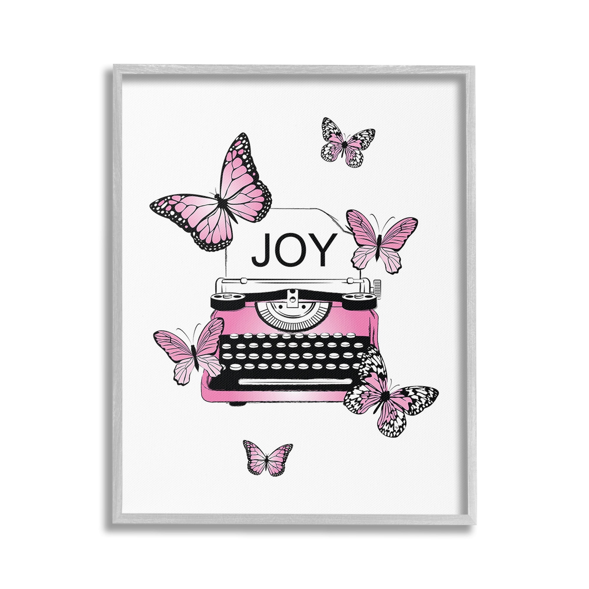 Stupell Industries Typewriter with Joy Animals & Insects Painting Gray Framed Art Print Wall Art, 24 x 30