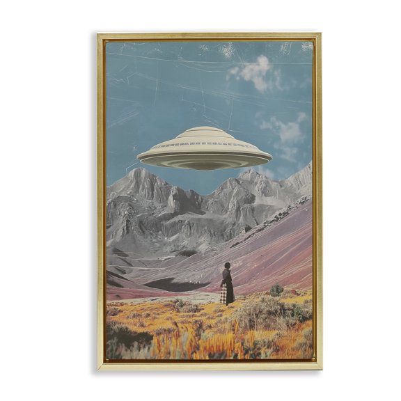 Stupell Industries UFO over Mountain Valley Fantasy & Sci-Fi Painting Gold Floater Framed Canvas Art Print Wall Art, 21 x 31