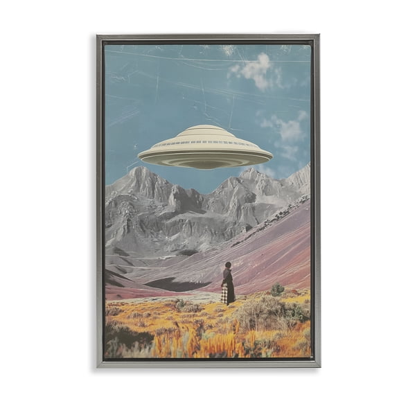 Stupell Industries UFO over Mountain Valley Fantasy & Sci-Fi Painting Gray Floater Framed Canvas Art Print Wall Art, 21 x 31