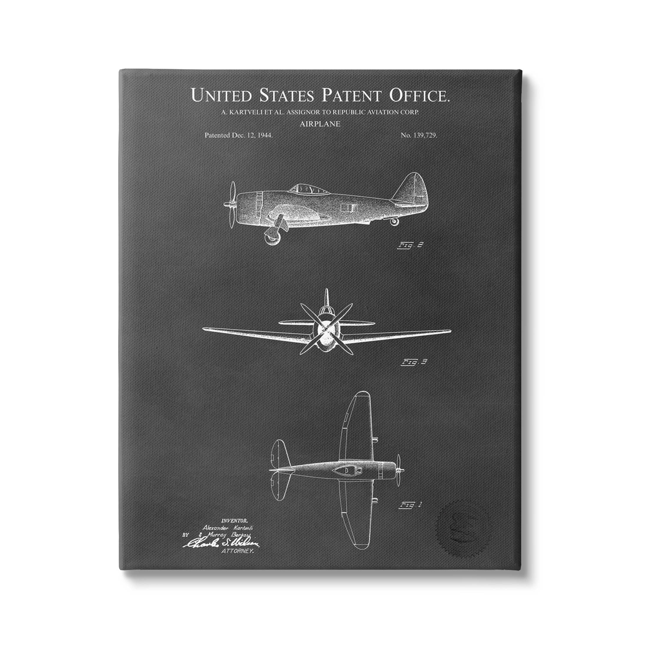 Stupell Industries US Aircraft Patent Diagram Graphic Art Gallery Wrapped Canvas Print Wall Art, Design by Karl Hronek