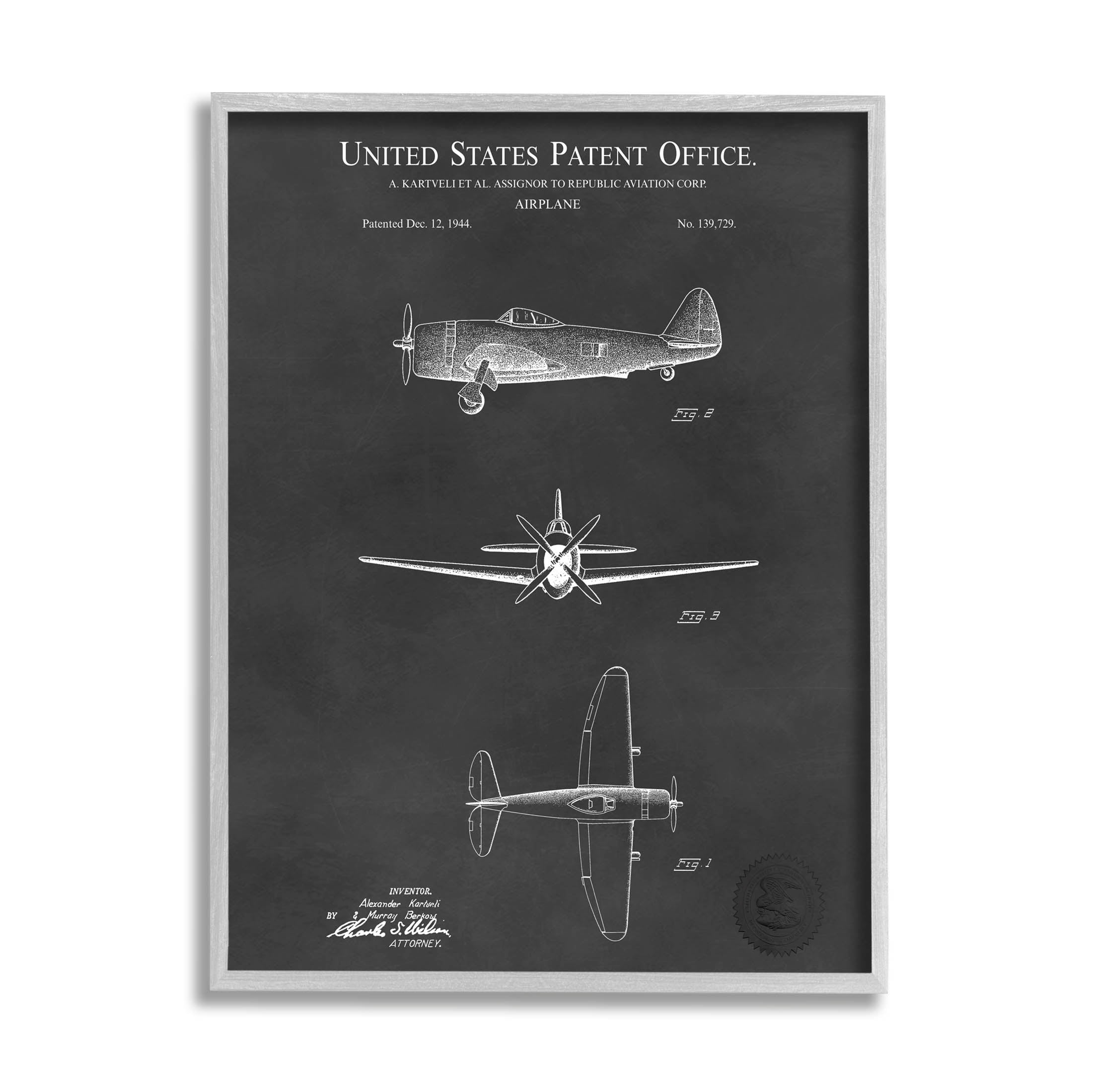 Stupell Industries US Aircraft Patent Diagram Graphic Art Gray Framed Art Print Wall Art, Design by Karl Hronek