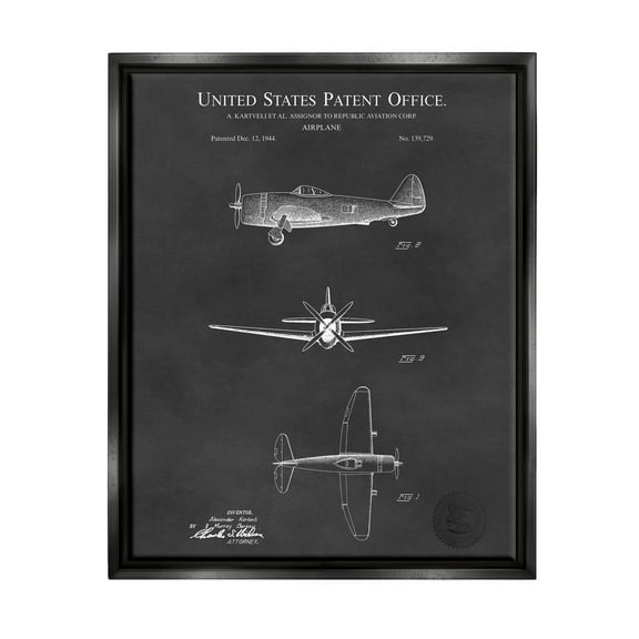 Stupell Industries US Aircraft Patent Diagram Graphic Art Jet Black Floating Framed Canvas Print Wall Art, Design by Karl Hronek