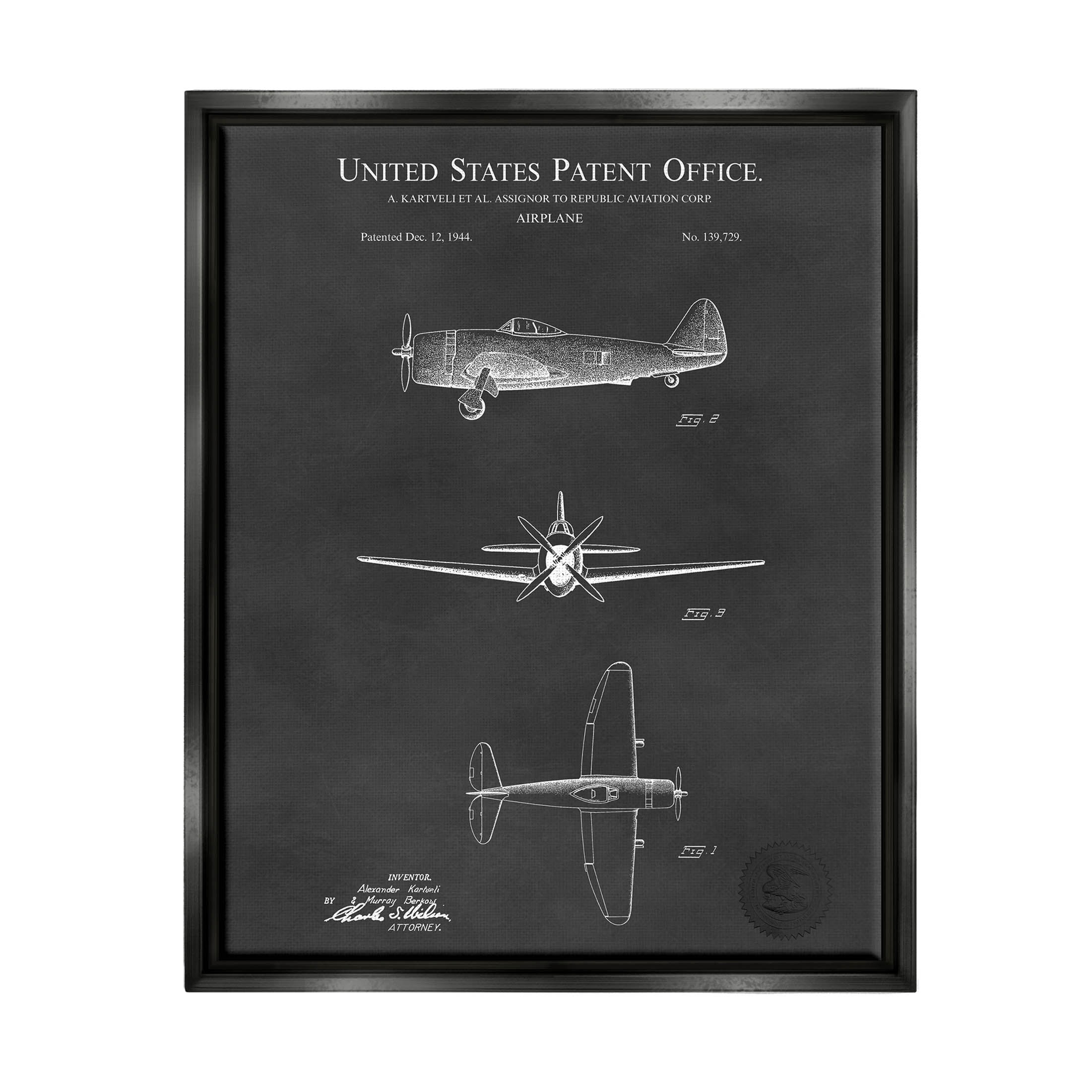 Stupell Industries US Aircraft Patent Diagram Graphic Art Jet Black Floating Framed Canvas Print Wall Art, Design by Karl Hronek