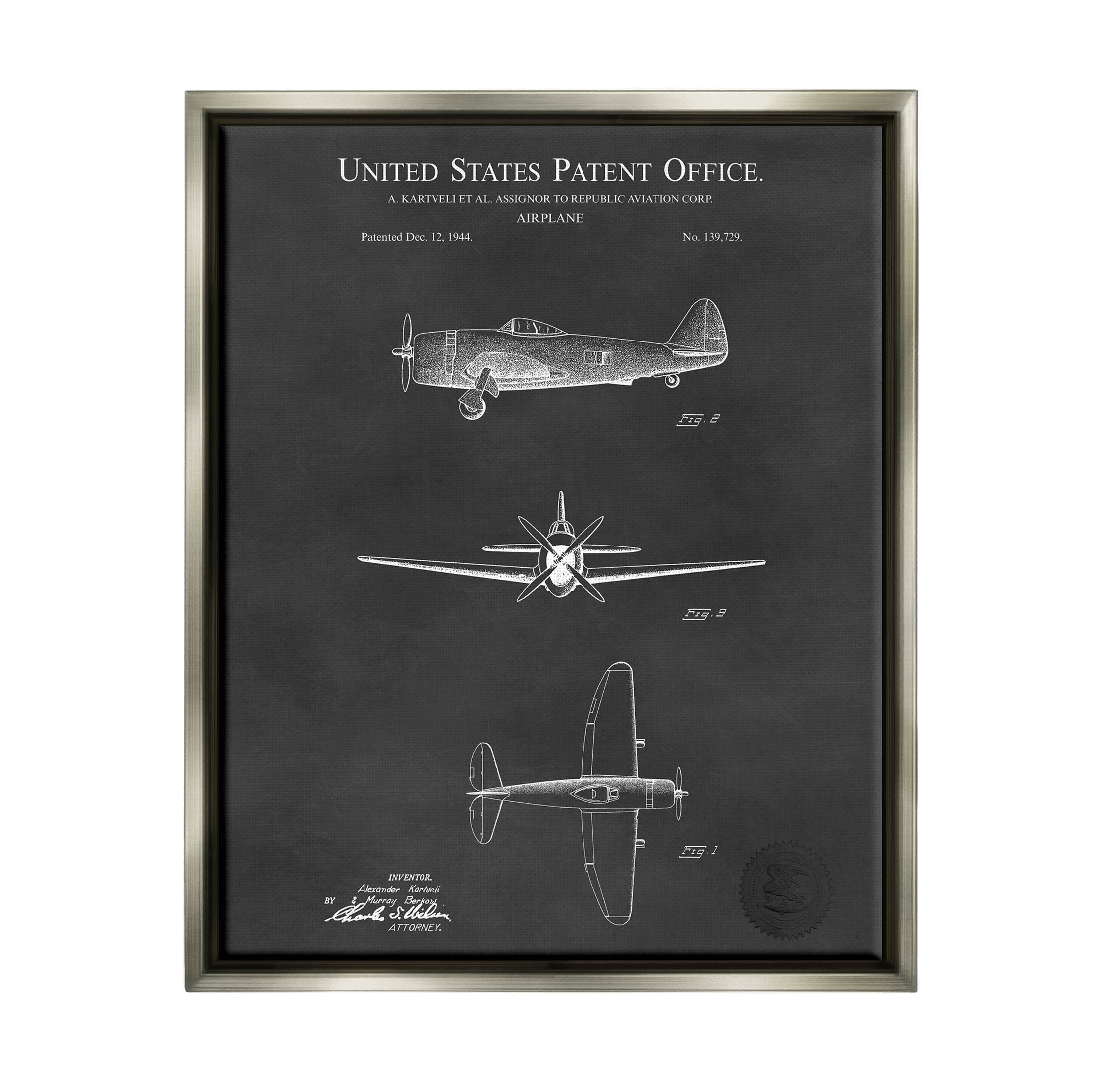 Stupell Industries US Aircraft Patent Diagram Graphic Art Luster Gray Floating Framed Canvas Print Wall Art, Design by Karl Hronek