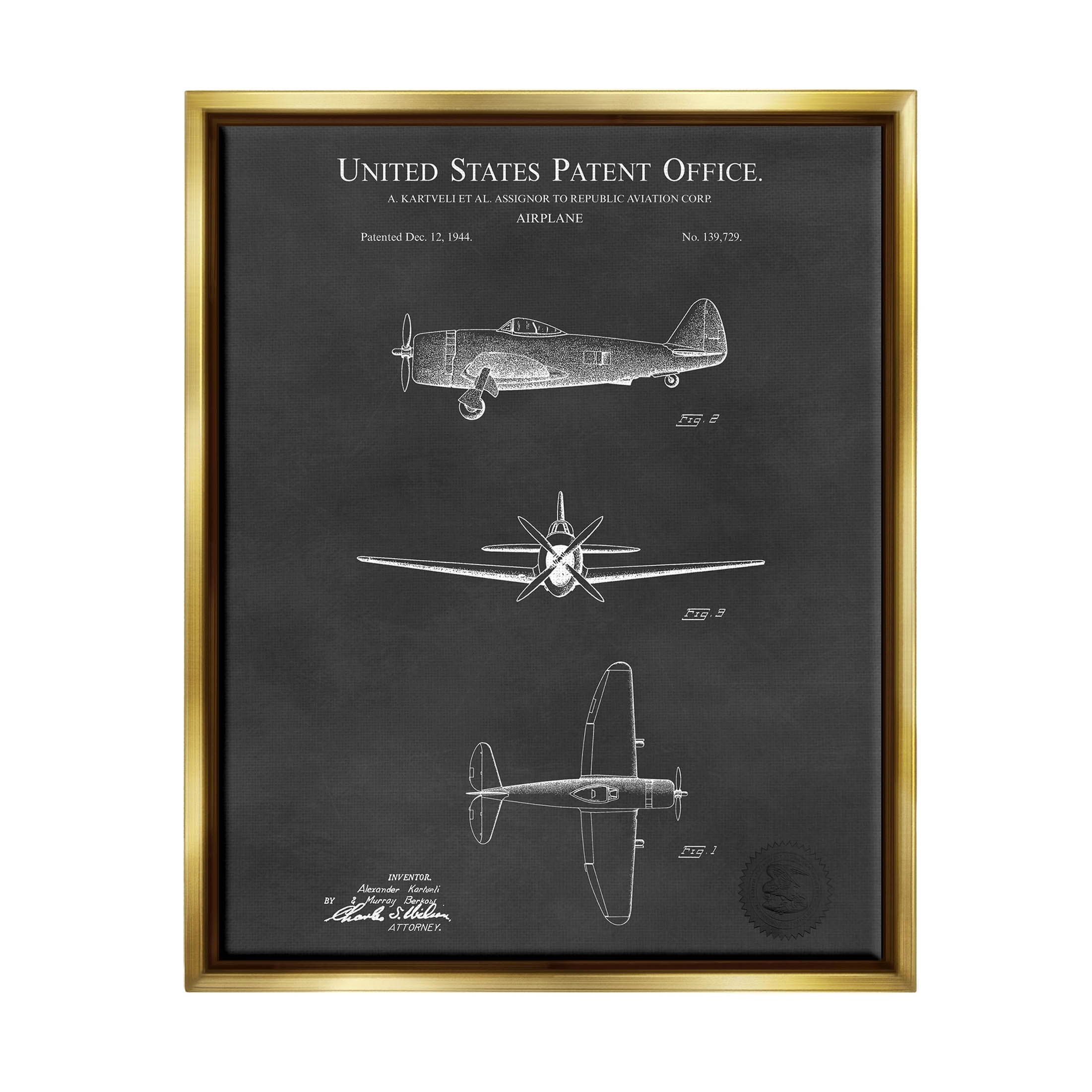Stupell Industries US Aircraft Patent Diagram Graphic Art Metallic Gold Floating Framed Canvas Print Wall Art, Design by Karl Hronek