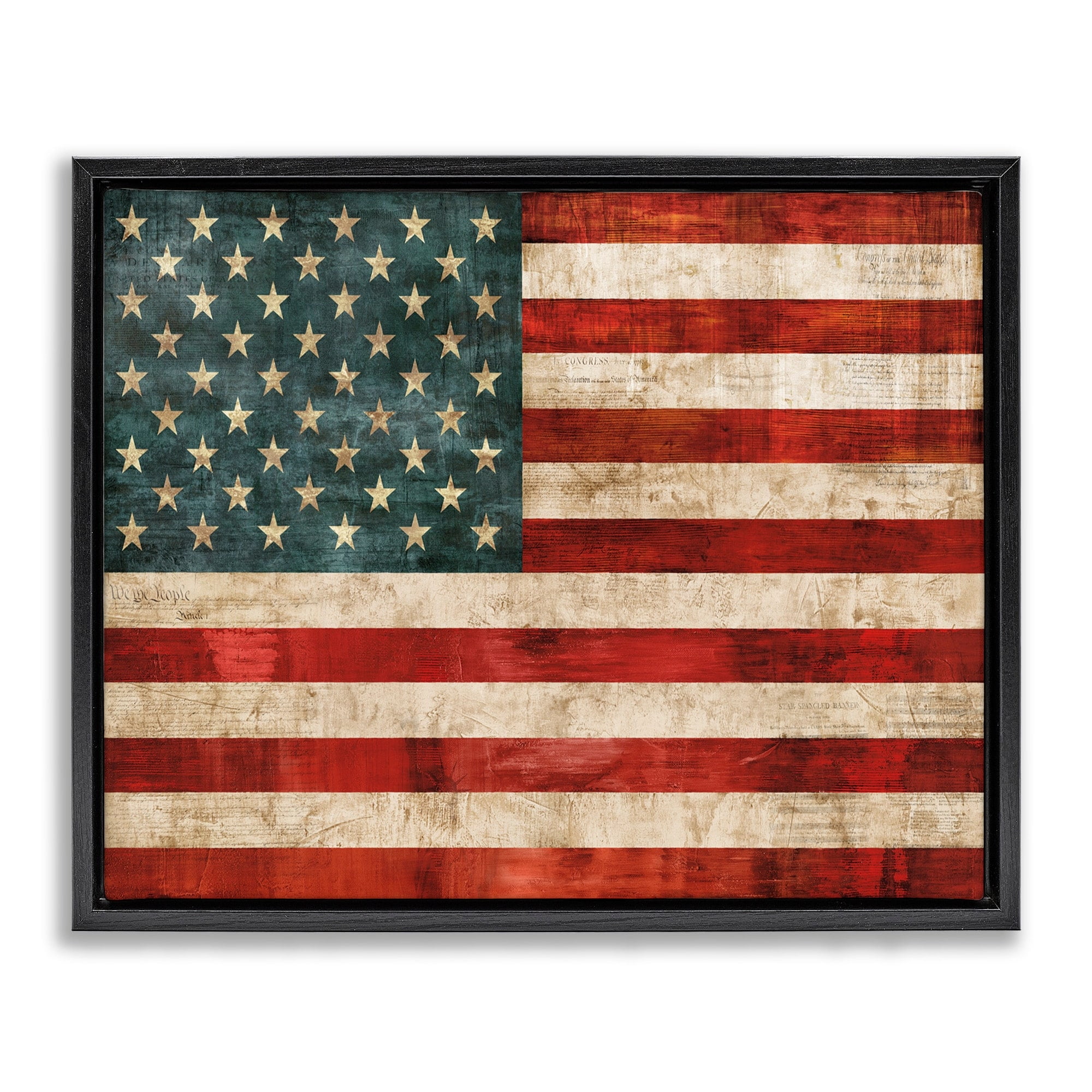 Stupell Industries US American Flag Wood Textured Design Jet Black Framed Floating Canvas Wall Art, 16x20, by Luke Wilson