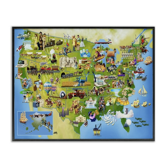 Stupell Industries US History Landmark Map Map Painting Black Framed Art Print Wall Art, 20 x 16