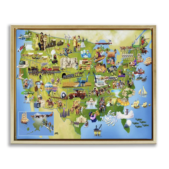 Stupell Industries US History Landmark Map Map Painting Gold Floater Framed Canvas Art Print Wall Art, 21 x 17