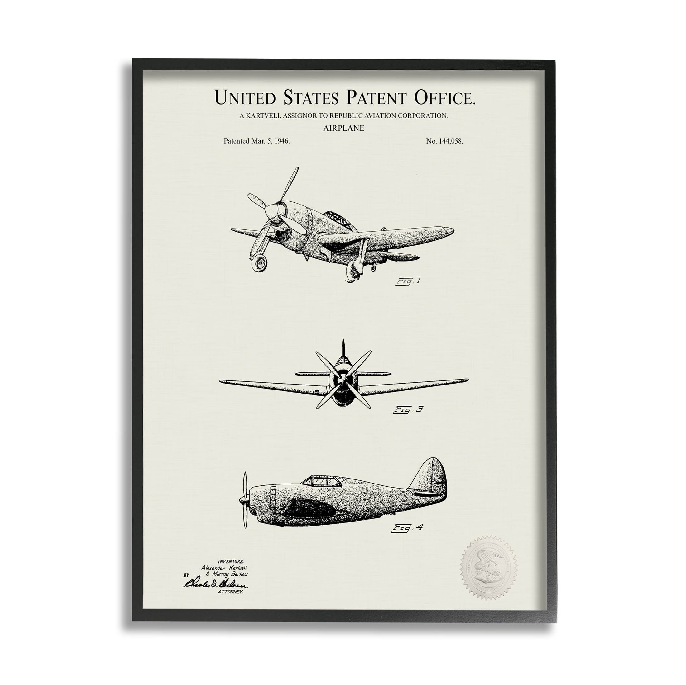 Stupell Industries US Patent Airplane Diagram Graphic Art Black Framed Art Print Wall Art, Design by Karl Hronek