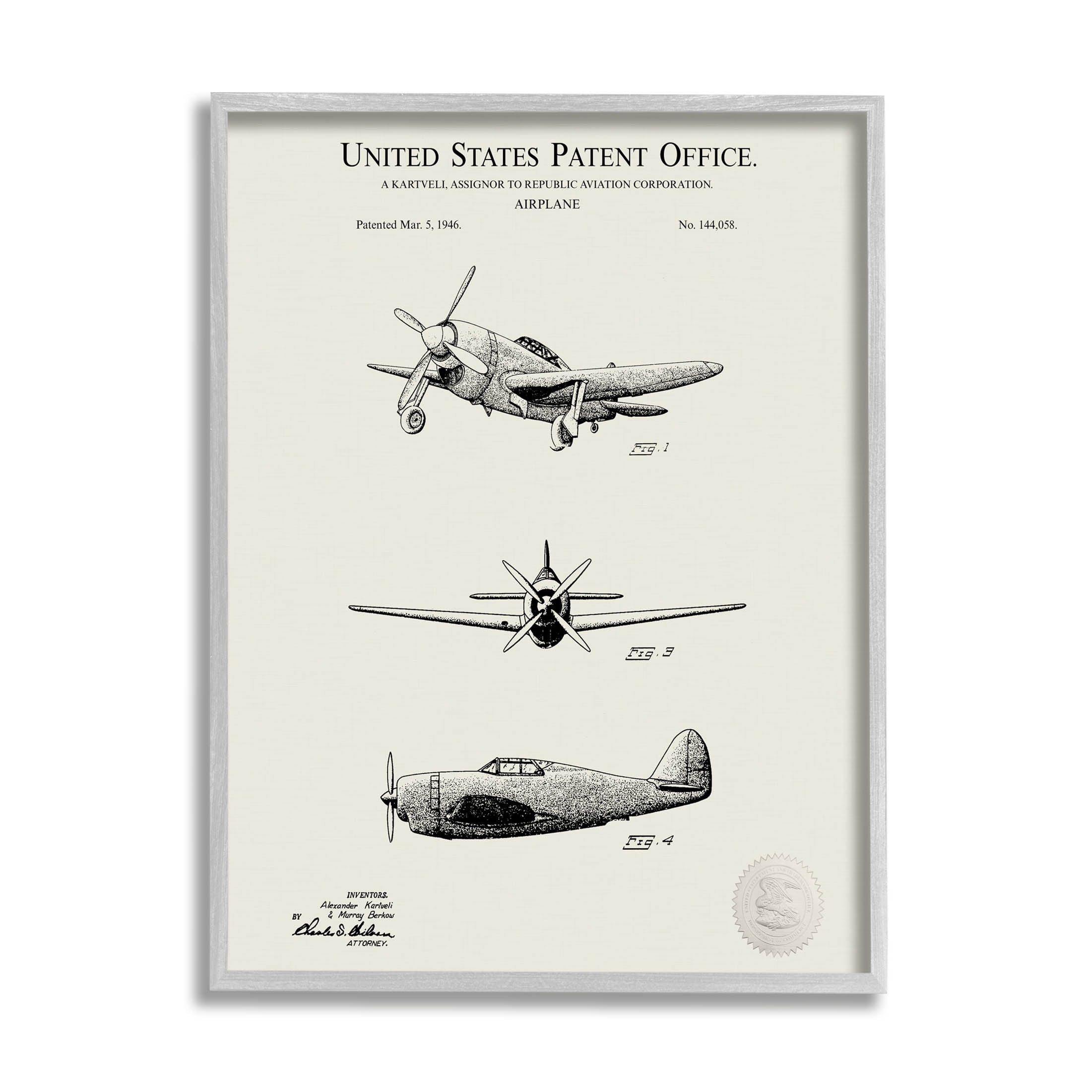 Stupell Industries US Patent Airplane Diagram Graphic Art Gray Framed Art Print Wall Art, Design by Karl Hronek