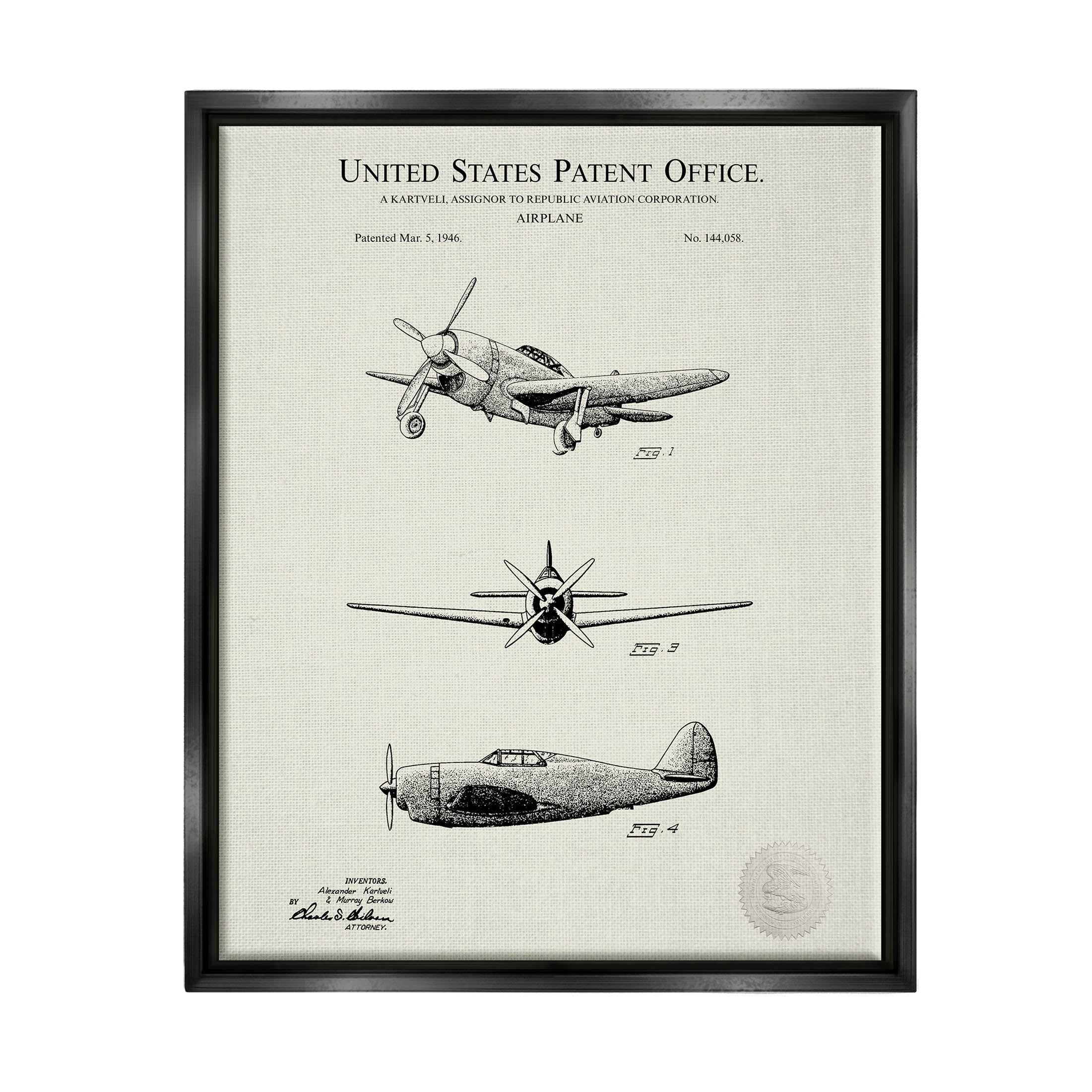Stupell Industries US Patent Airplane Diagram Graphic Art Jet Black Floating Framed Canvas Print Wall Art, Design by Karl Hronek