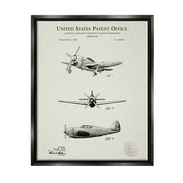 Stupell Industries US Patent Airplane Diagram Graphic Art Jet Black Floating Framed Canvas Print Wall Art, Design by Karl Hronek