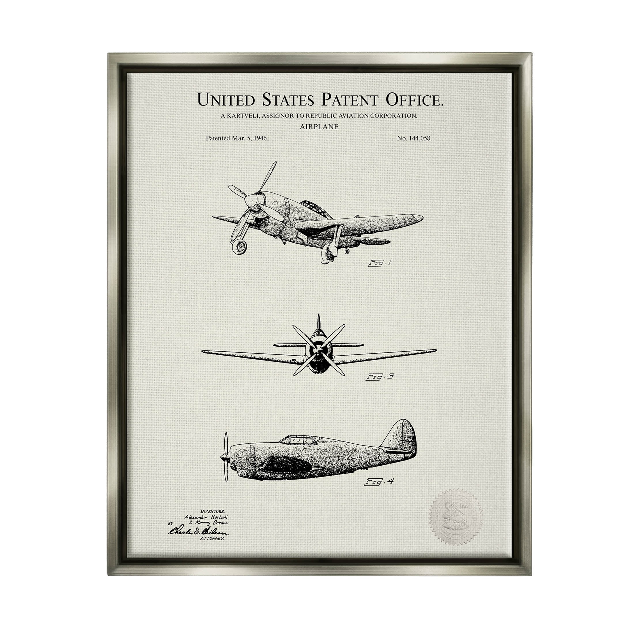 Stupell Industries US Patent Airplane Diagram Graphic Art Luster Gray Floating Framed Canvas Print Wall Art, Design by Karl Hronek