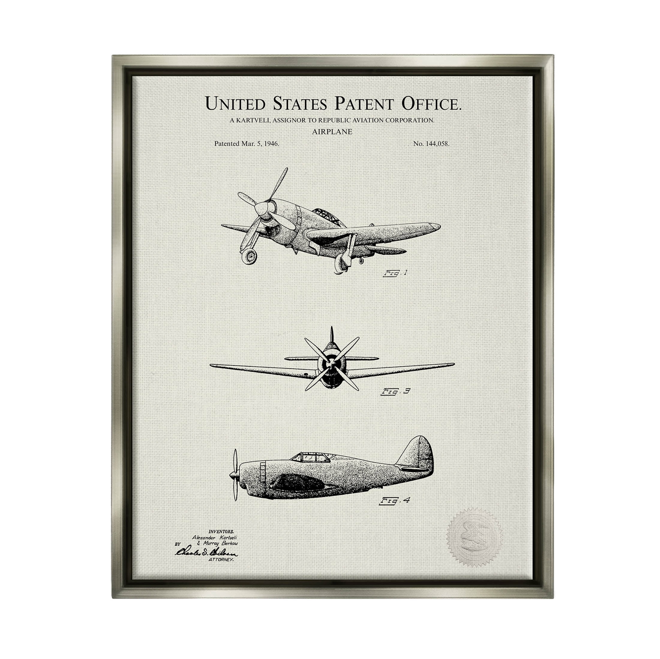 Stupell Industries US Patent Airplane Diagram Graphic Art Luster Gray Floating Framed Canvas Print Wall Art, Design by Karl Hronek
