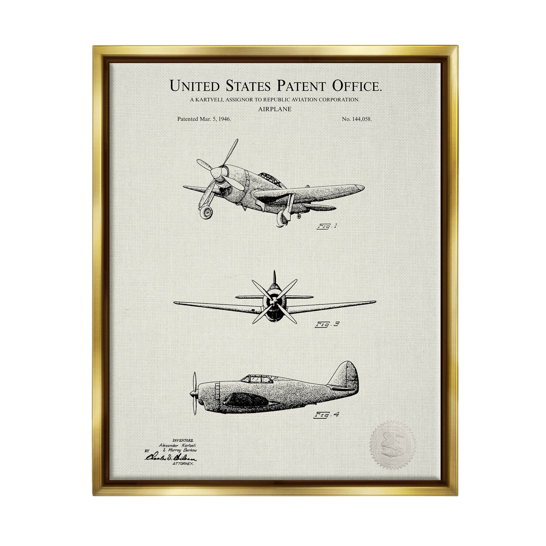 Stupell Industries US Patent Airplane Diagram Graphic Art Metallic Gold Floating Framed Canvas Print Wall Art, Design by Karl Hronek