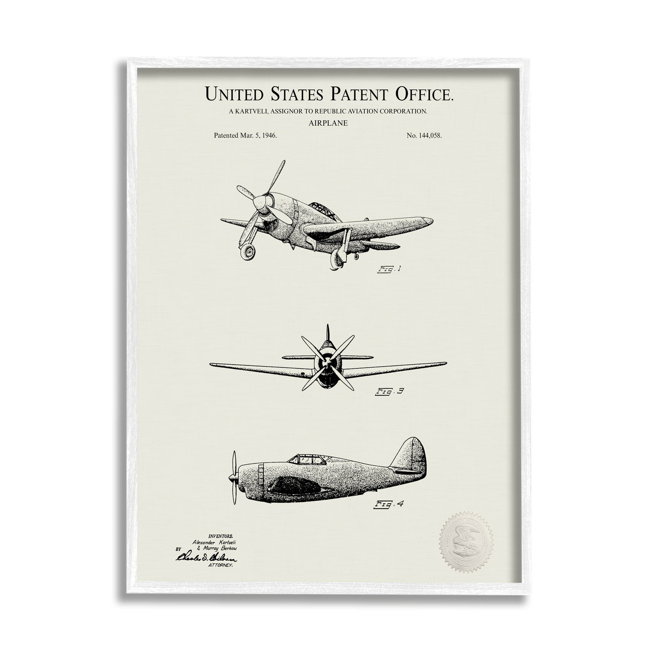 Stupell Industries US Patent Airplane Diagram Graphic Art White Framed Art Print Wall Art, Design by Karl Hronek