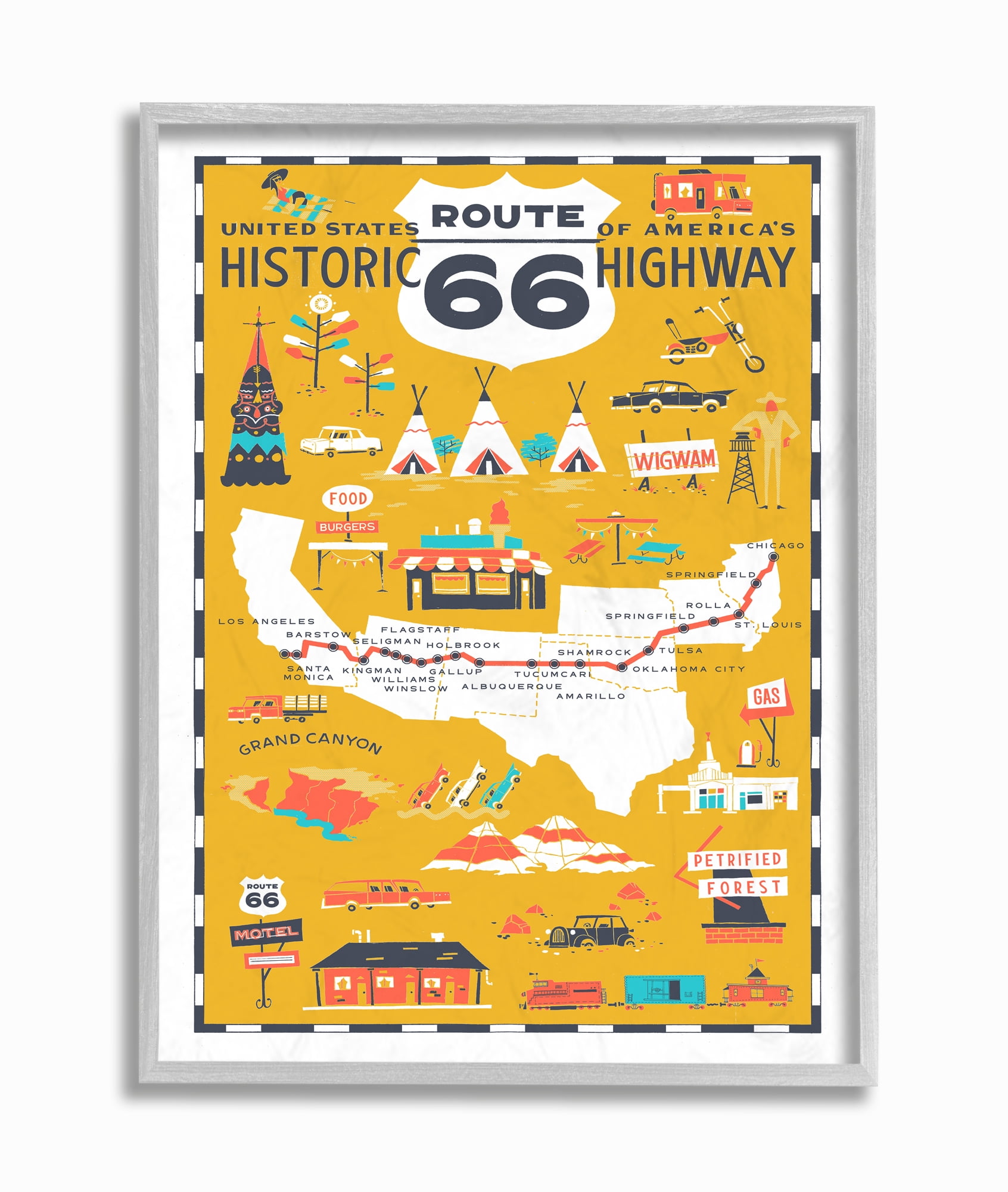 Stupell Industries US Route 66 Historic Highway Mustard Yellow Illustrated Scenic Map Poster Graphic Art Gray Framed Art Print Wall Art, 16x20, by Vestiges
