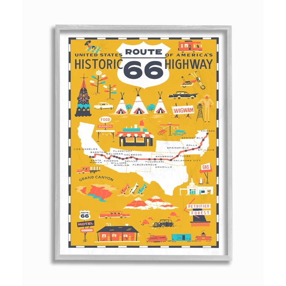 Stupell Industries US Route 66 Historic Highway Mustard Yellow Illustrated Scenic Map Poster Graphic Art Gray Framed Art Print Wall Art, 16x20, by Vestiges