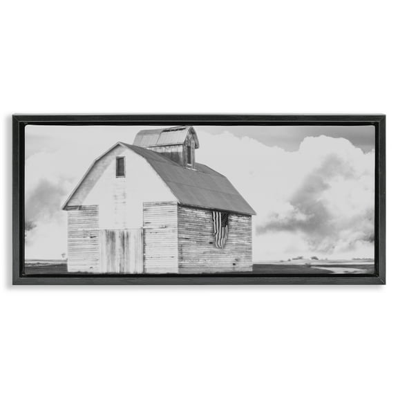 Stupell Industries USA Flag on Barn Patriotic Painting Black Floater Framed Canvas Art Print Wall Art, 25 x 11