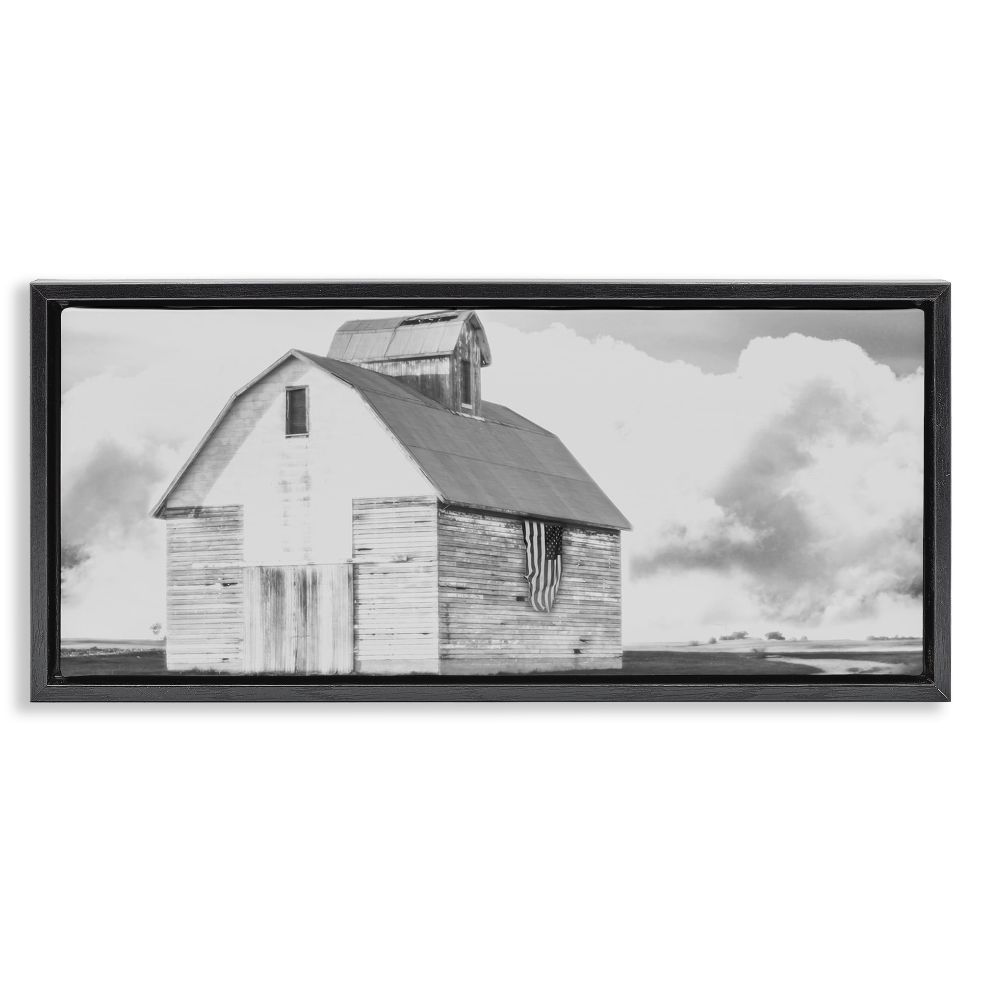Stupell Industries USA Flag on Barn Patriotic Painting Black Floater Framed Canvas Art Print Wall Art, 31 x 14