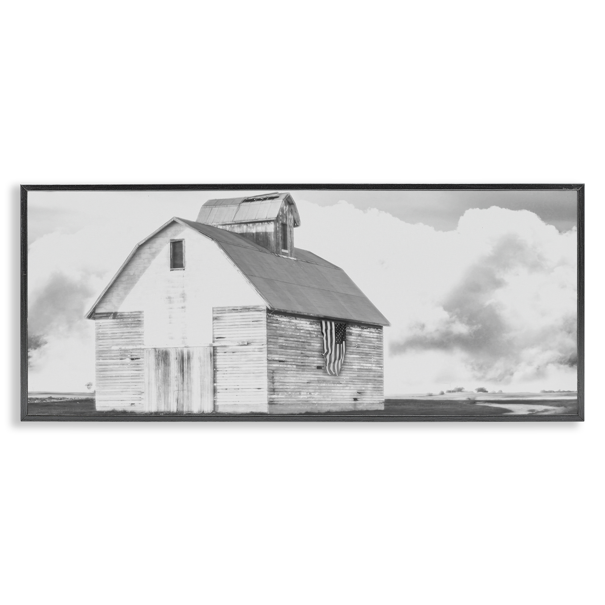 Stupell Industries USA Flag on Barn Patriotic Painting Black Framed Art Print Wall Art, 30 x 13