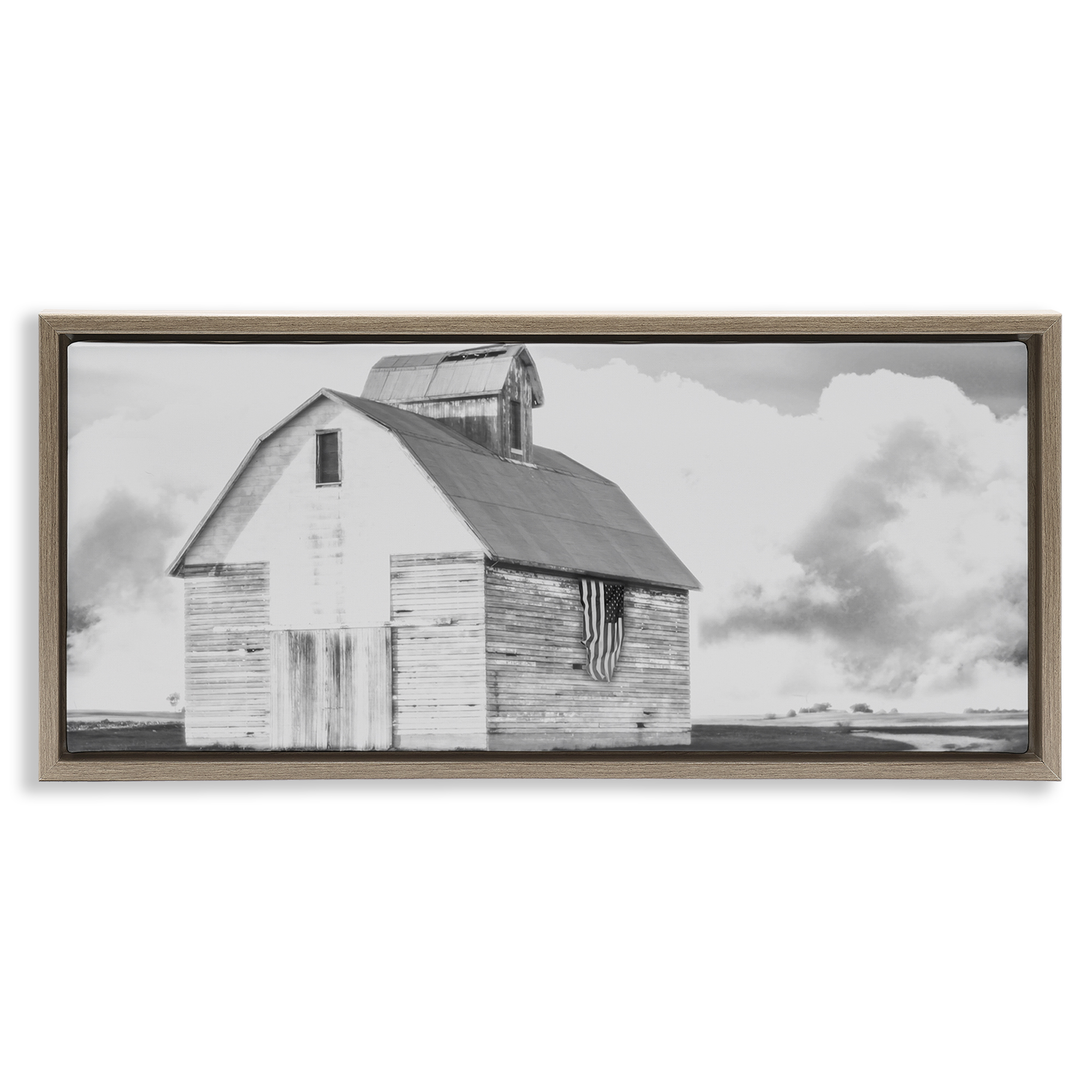 Stupell Industries USA Flag on Barn Patriotic Painting Brown Floater Framed Canvas Art Print Wall Art, 25 x 11