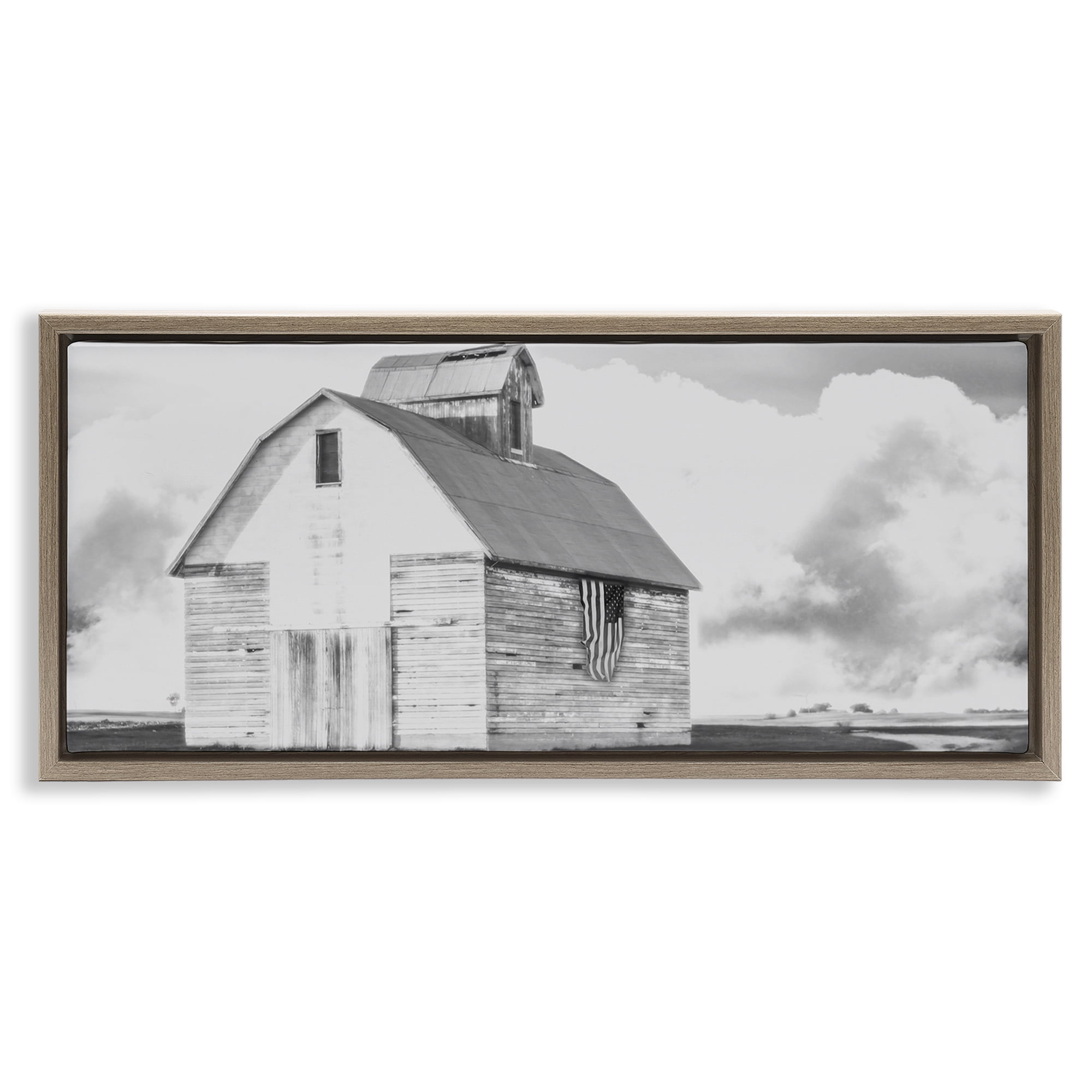 Stupell Industries USA Flag on Barn Patriotic Painting Brown Floater Framed Canvas Art Print Wall Art, 31 x 14