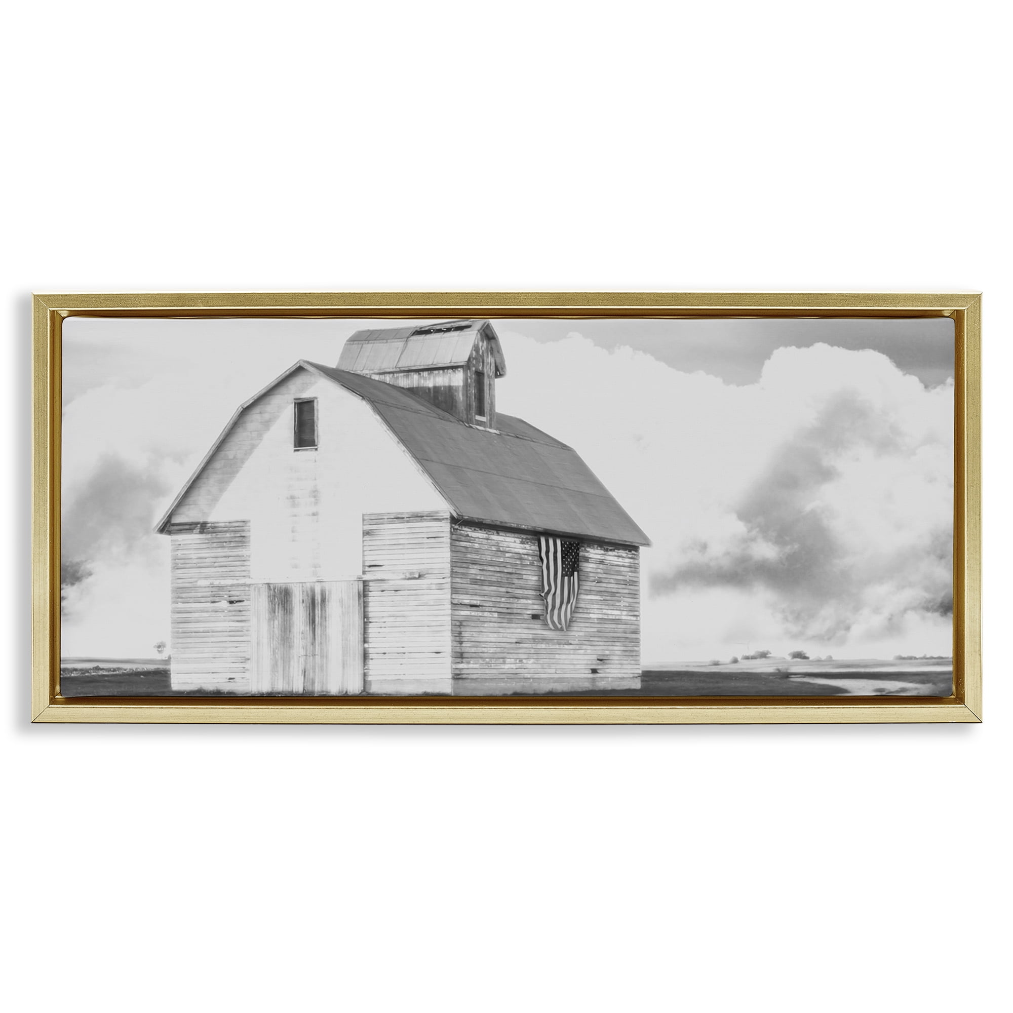 Stupell Industries USA Flag on Barn Patriotic Painting Gold Floater Framed Canvas Art Print Wall Art, 25 x 11