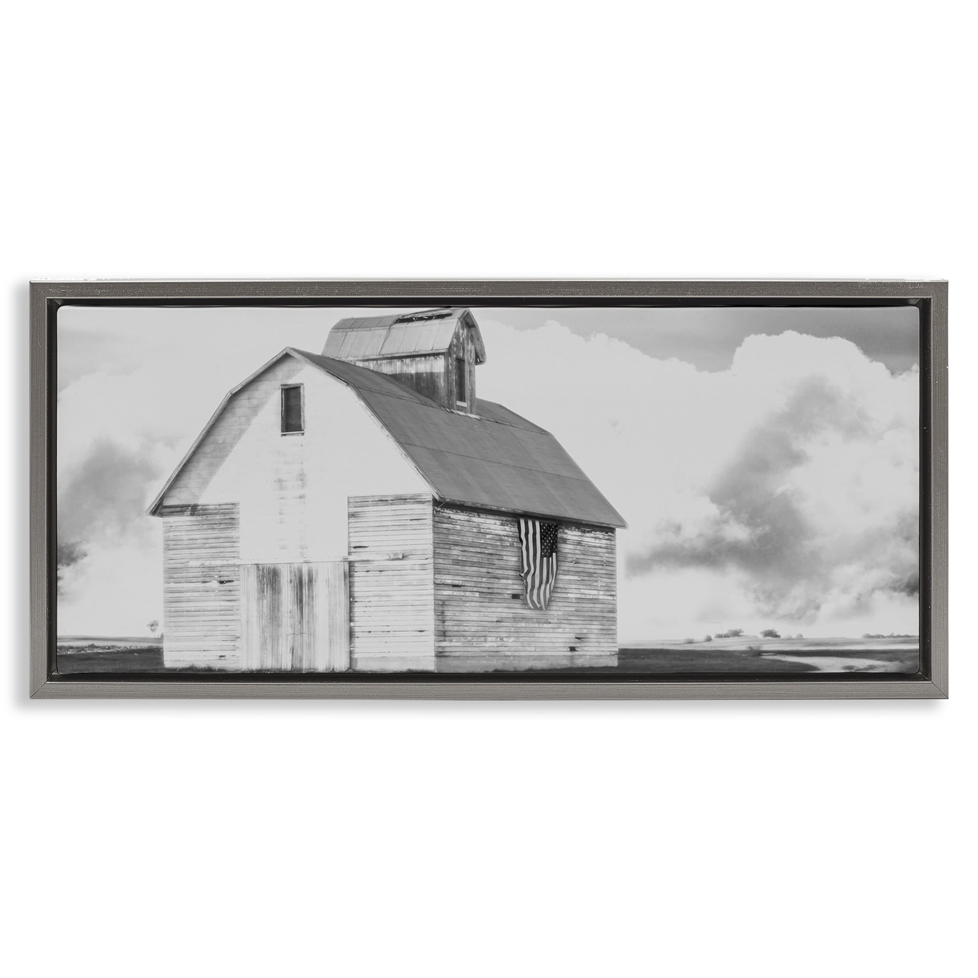 Stupell Industries USA Flag on Barn Patriotic Painting Gray Floater Framed Canvas Art Print Wall Art, 25 x 11