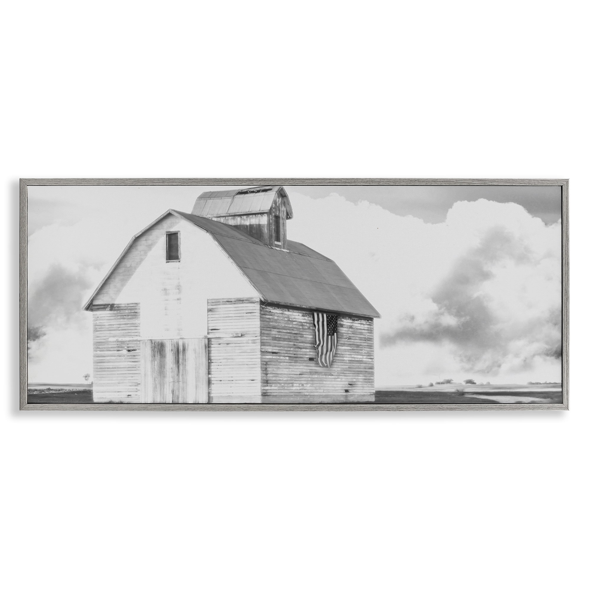 Stupell Industries USA Flag on Barn Patriotic Painting Gray Framed Art Print Wall Art, 30 x 13