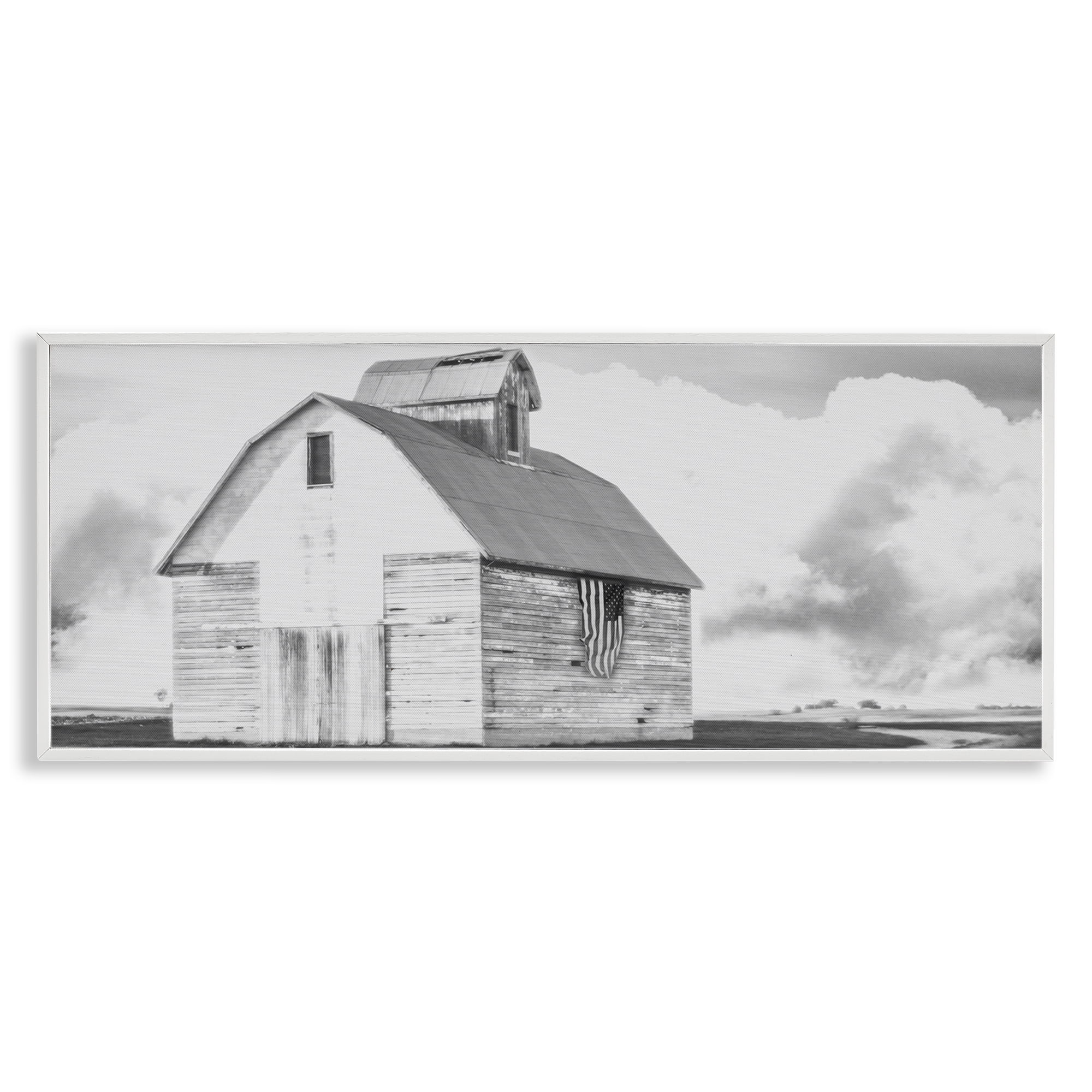 Stupell Industries USA Flag on Barn Patriotic Painting White Framed Art Print Wall Art, 30 x 13