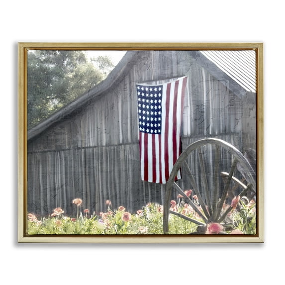 Stupell Industries Traditional USA Wagon Wheel Barn Gold Floating Frame Canvas Art, 31 x 25, by Kim Allen